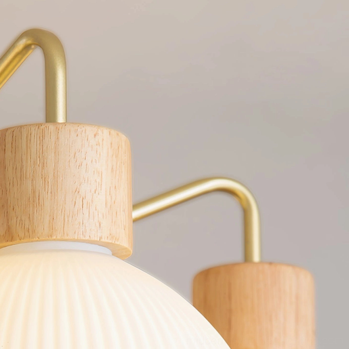 Modern ribbed glass chandelier with natural wood finish and gold metal hardware