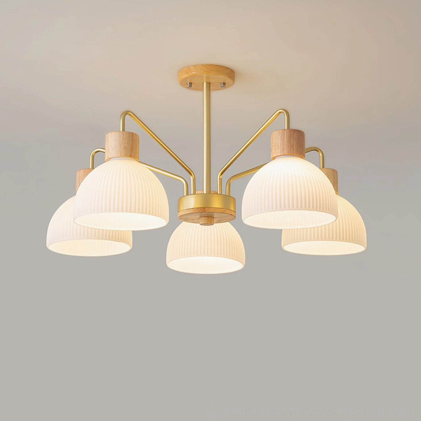 Ribbed glass chandelier in scandinavian minimalist interior design with neutral color palette