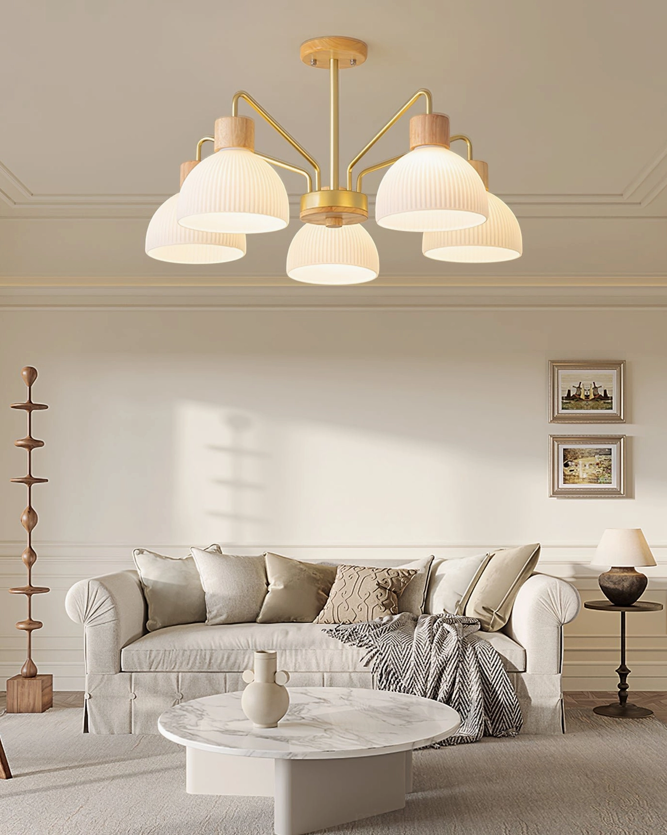 Ribbed glass chandelier size comparison between 3-head and 5-head configurations