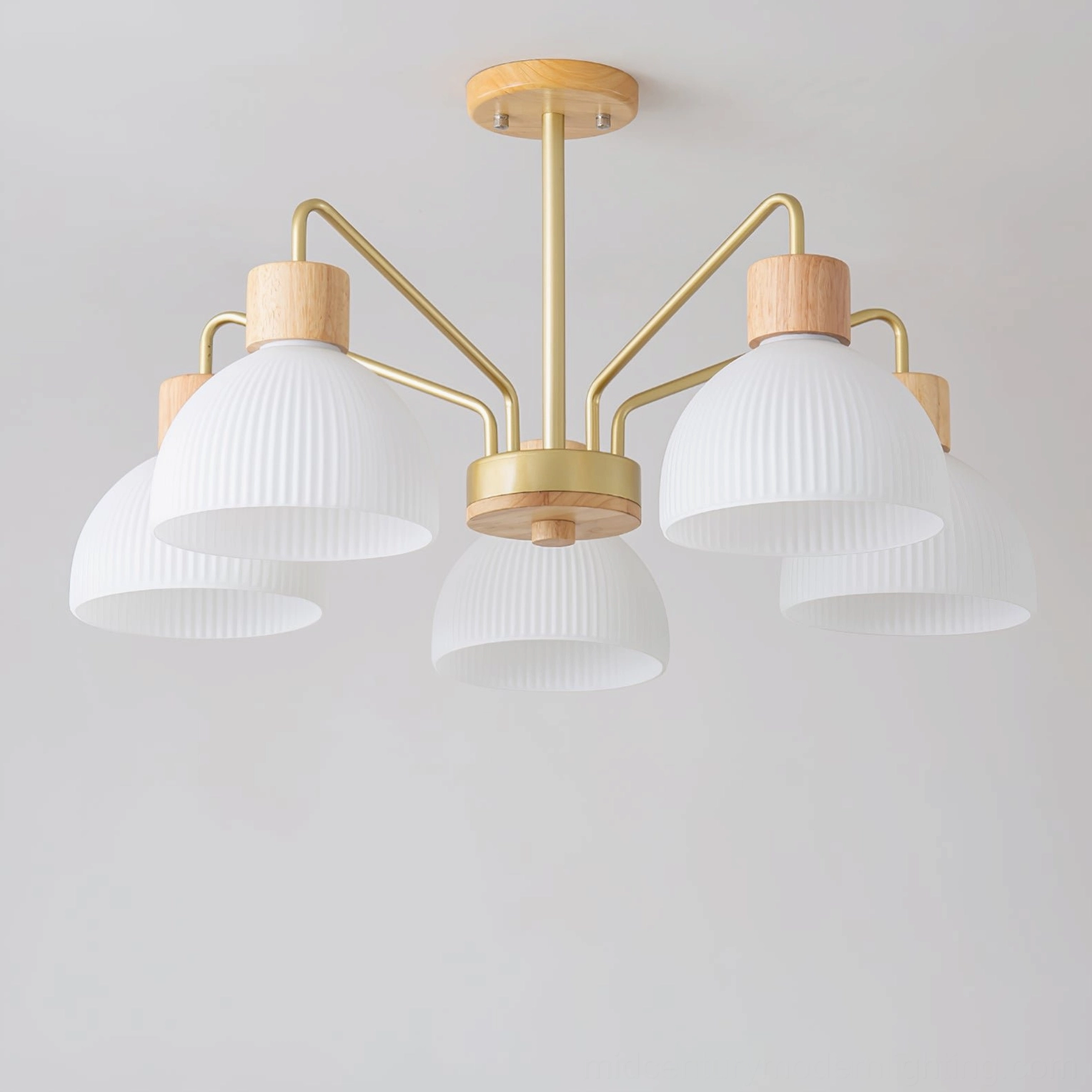 Ribbed glass chandelier suspension rod and mounting hardware close-up view