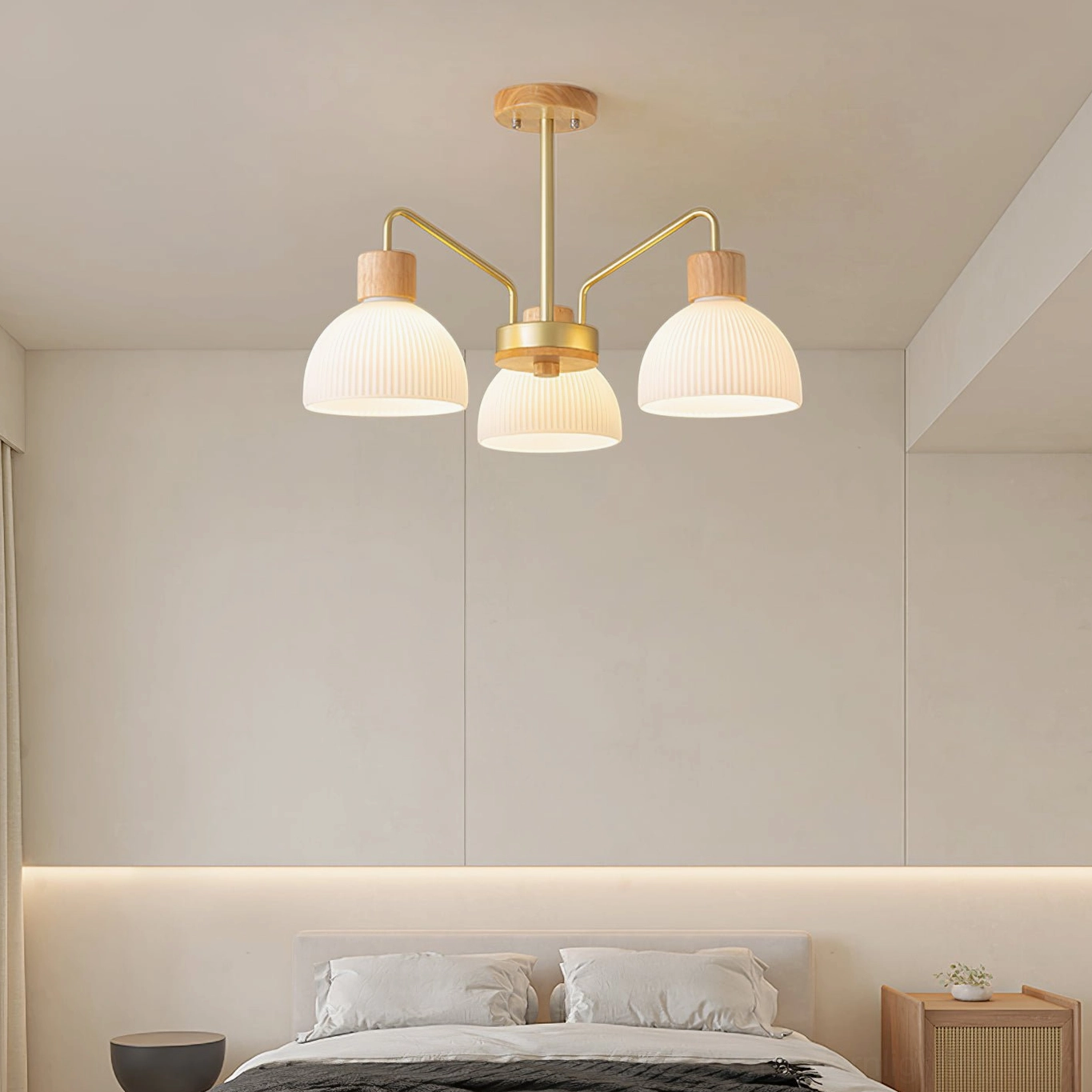 Ribbed glass chandelier with walnut wood finish showing architectural detail and materials