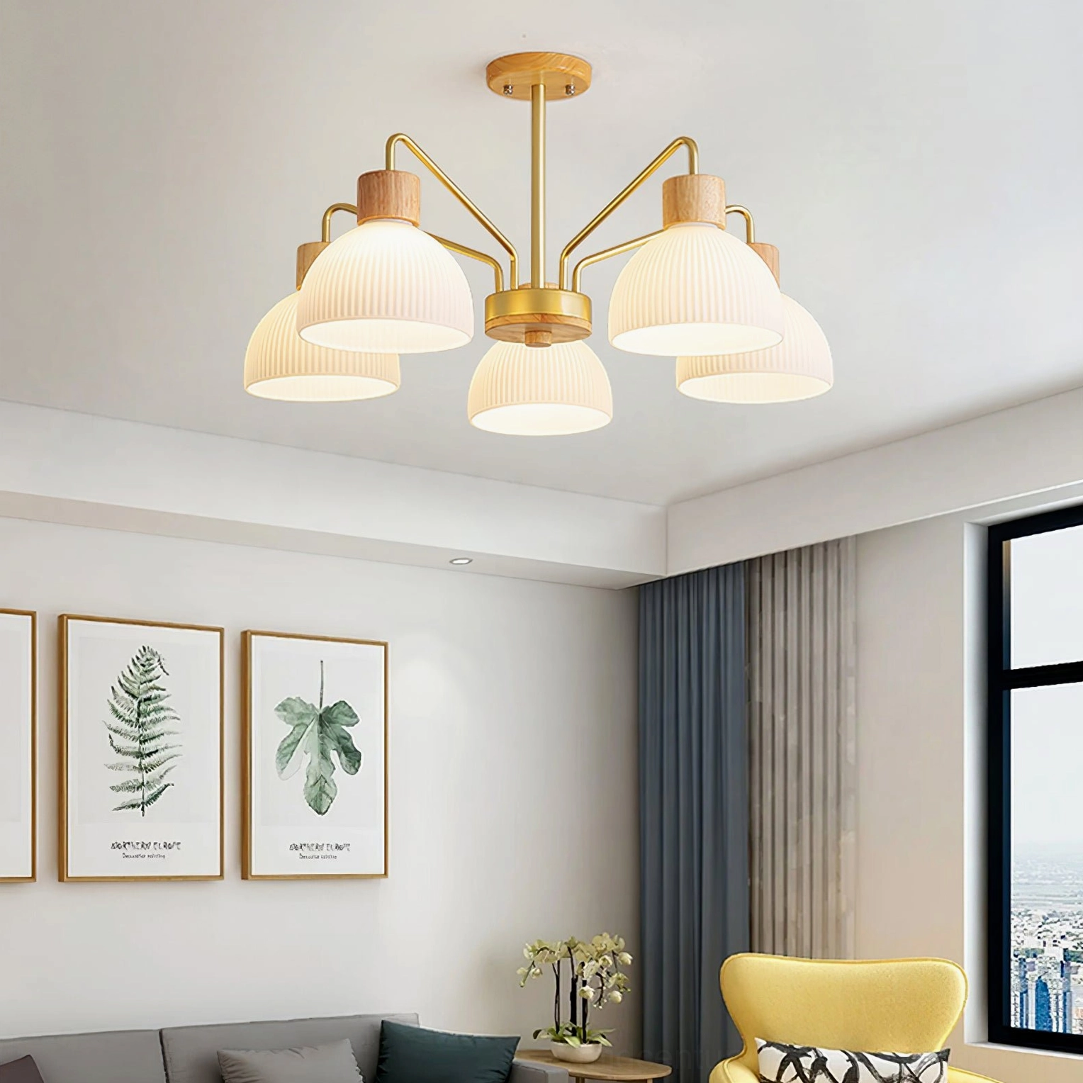5-head ribbed glass chandelier with wooden accents and gold metal frame in cozy modern living space