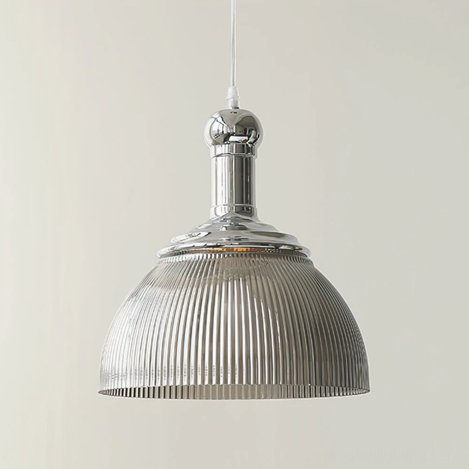 Ribbed chrome pendant light close-up showing detailed ceiling mounting cap and glass texture detail