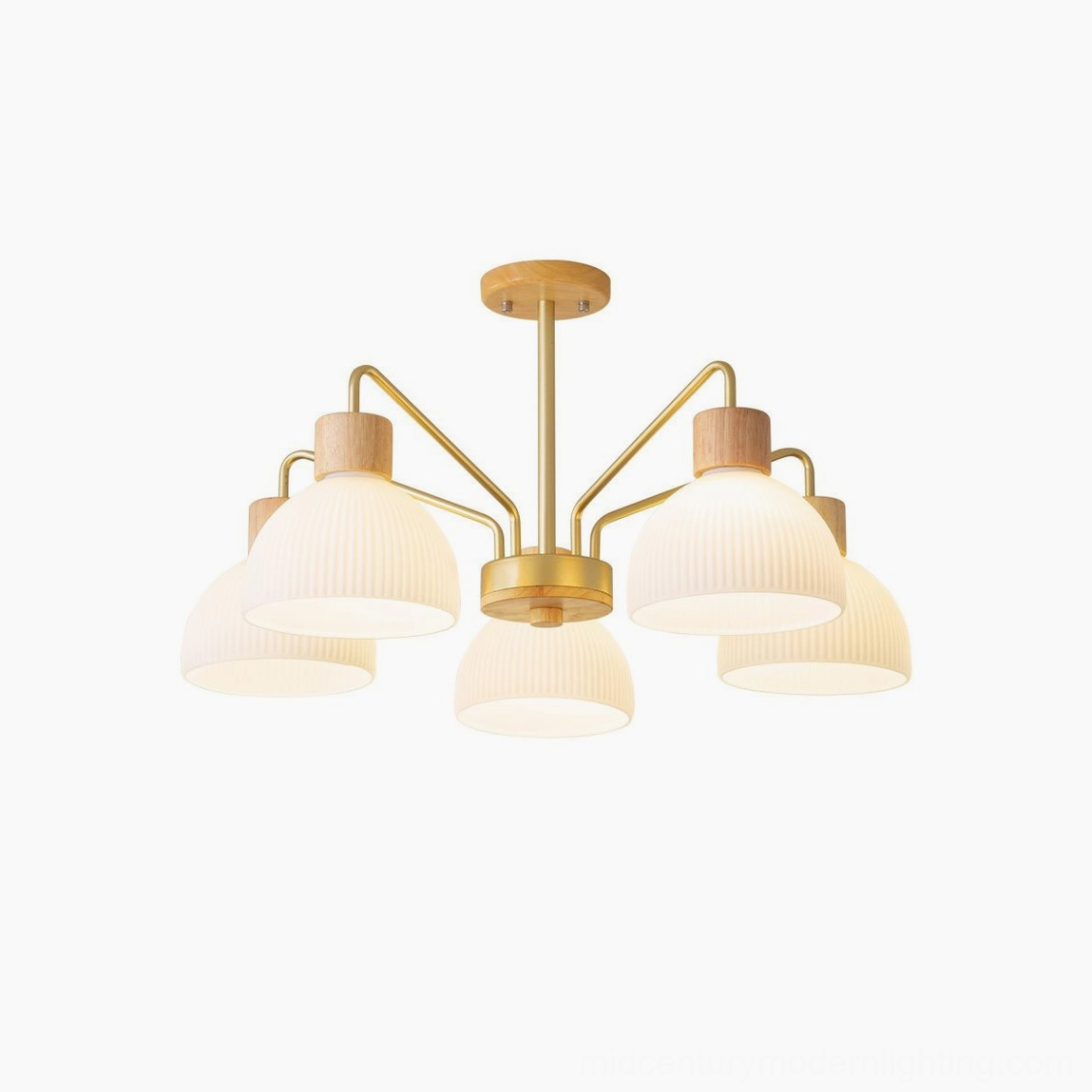 Ribbed glass chandelier hero shot showcasing mid-century modern aesthetic and warm light glow