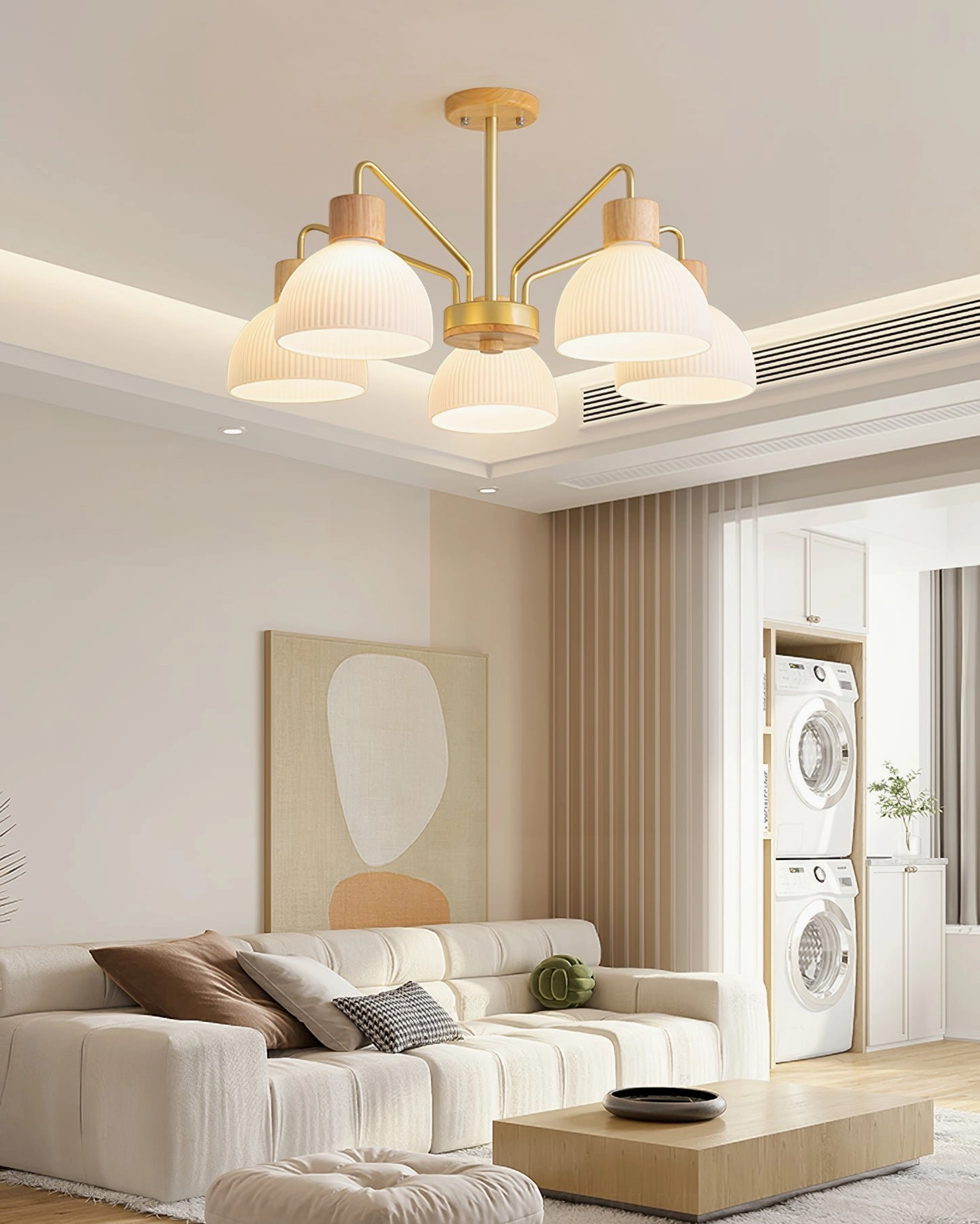 Ribbed glass chandelier detail showing pleated shade texture and light diffusion properties