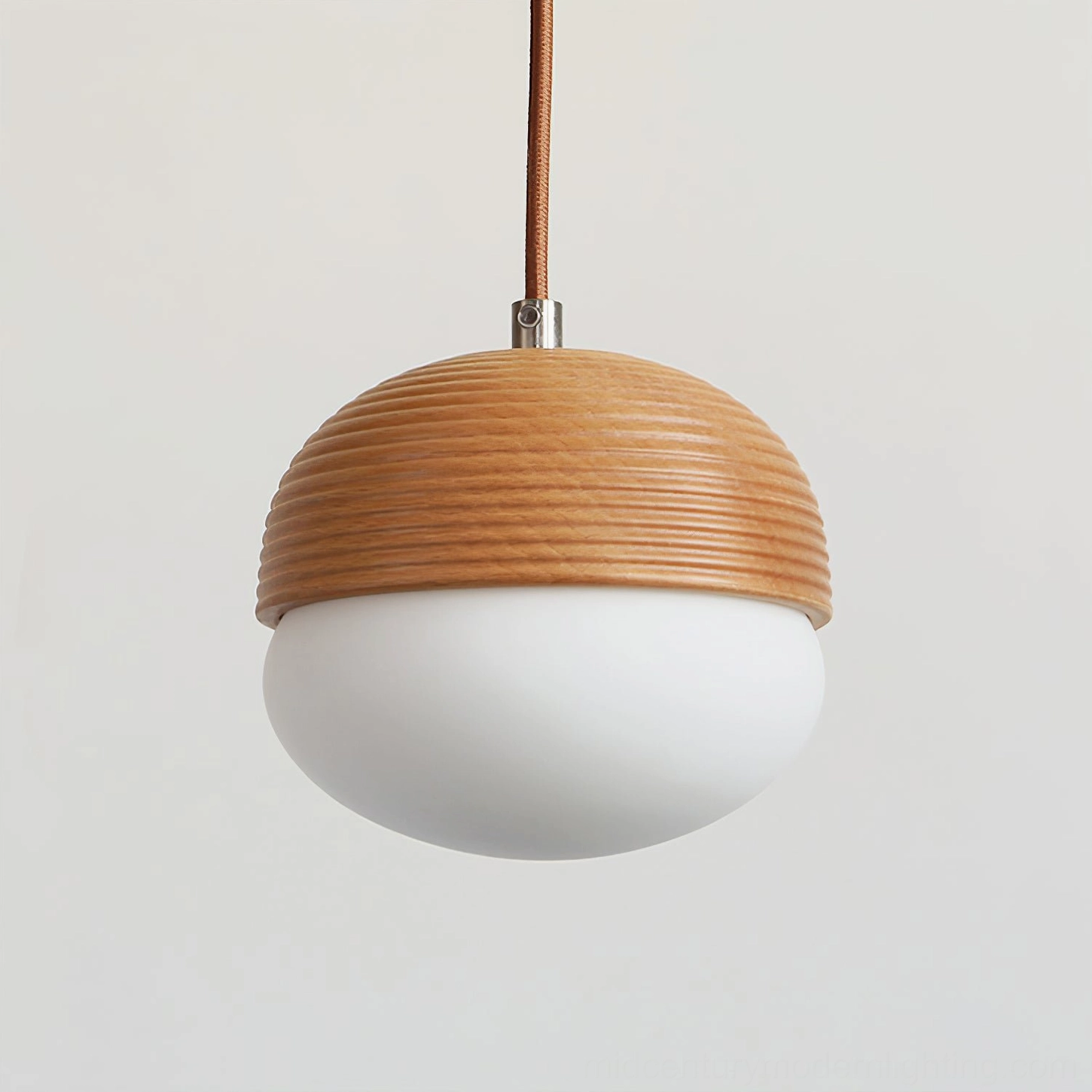 Full-size ribbed wooden pendant lamp with frosted glass shade, close-up showing craftsmanship detail