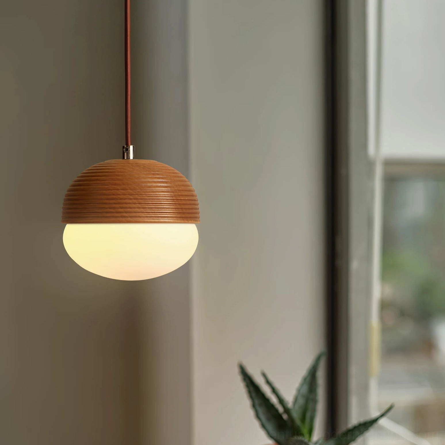 Illuminated ribbed wood pendant lamp in modern interior corner with green plant, brown cord detail visible