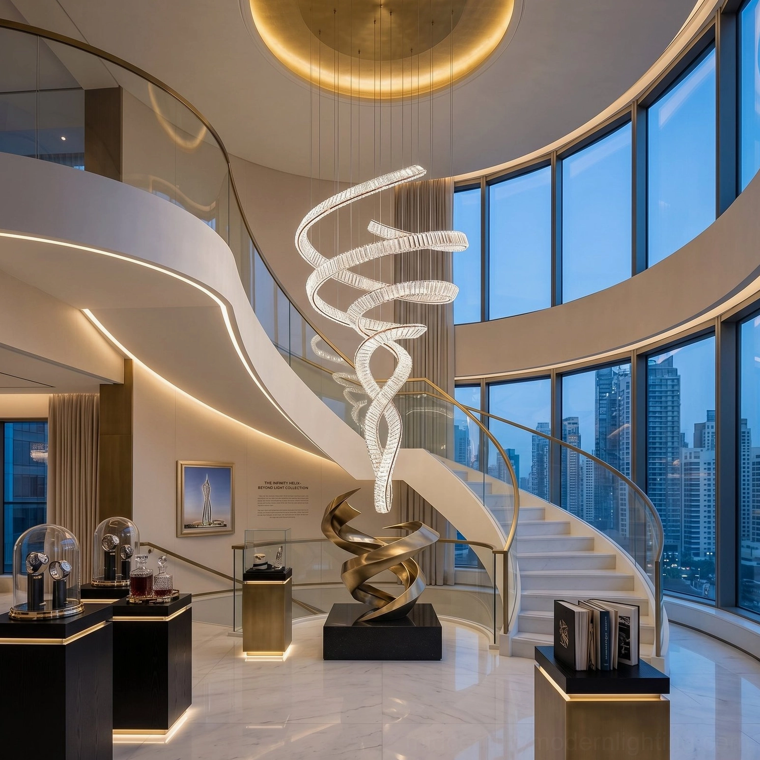 Low angle side view of ribbon crystal chandelier in high-rise modern exhibition hall, floor-to-ceiling windows and metal sculpture, commercial space