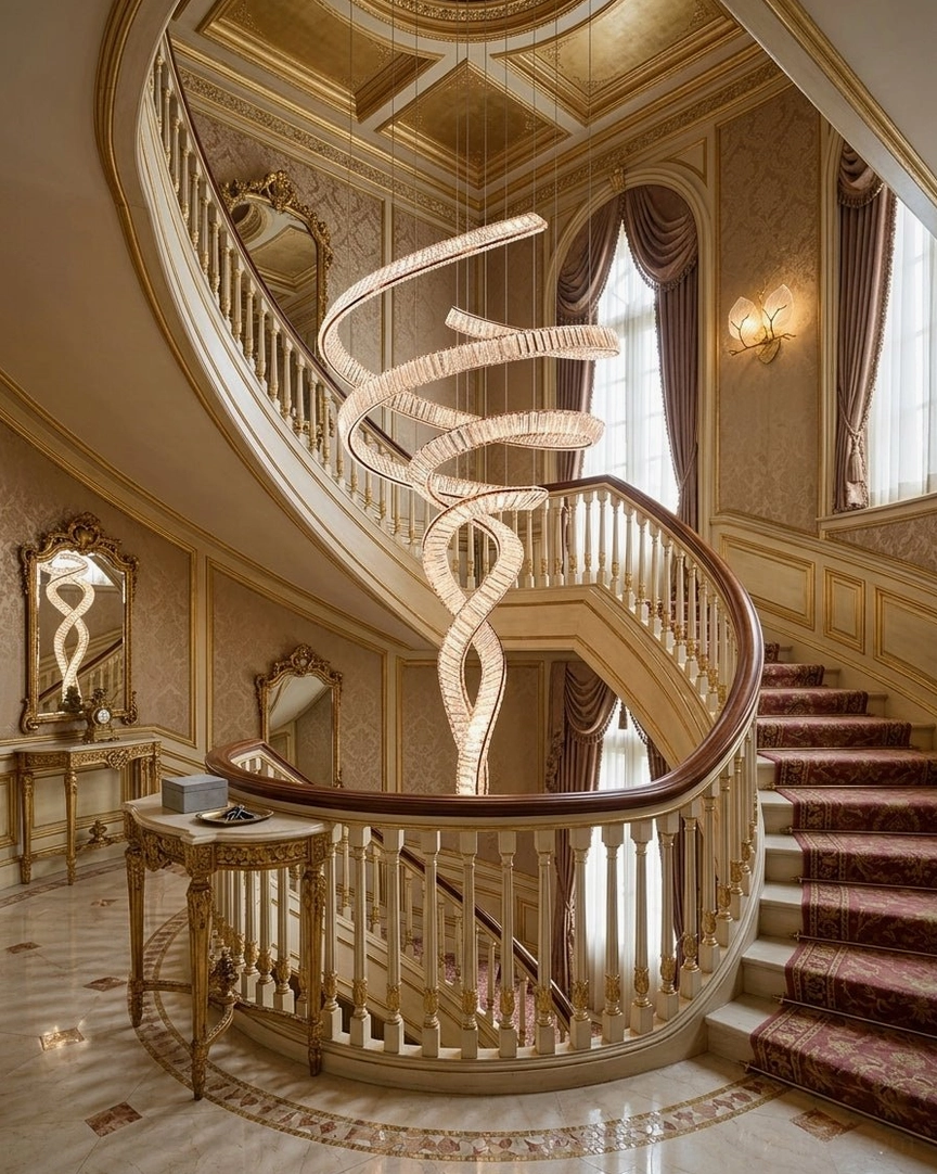 Ribbon crystal spiral chandelier in European villa staircase, golden wooden railings and vintage mirror backdrop, luxury residential installation