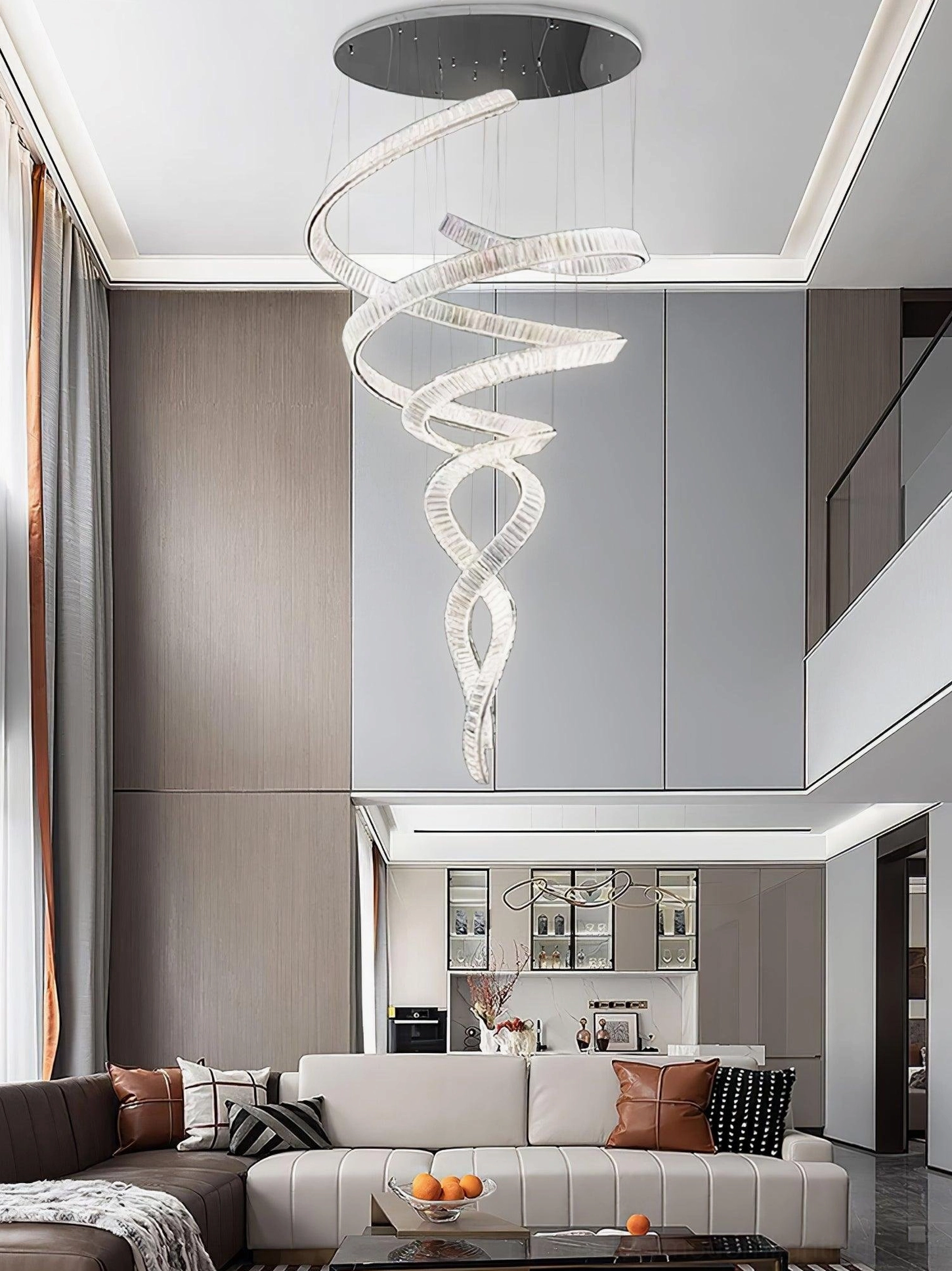 Ribbon spiral crystal chandelier vertical drop view, cascading geometric form with integrated LED modules and crystal refraction