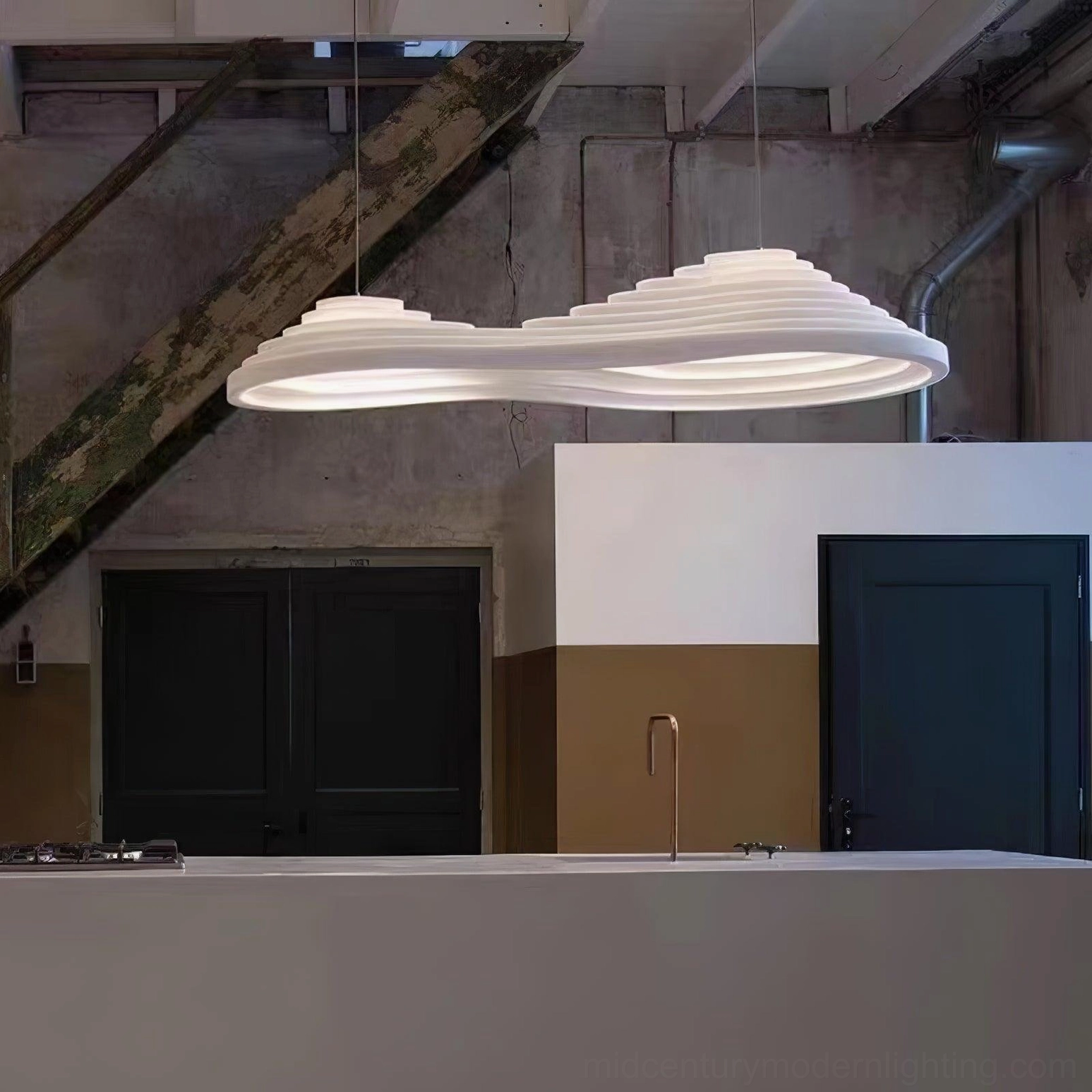 Two connected Rice Field acoustic tapered pendant lights in minimalist kitchen bar area with industrial style ceiling detail