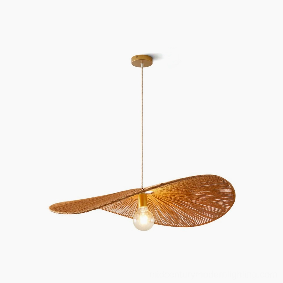 Ridotti natural light brown rattan pendant lamp overhead view highlighting organic woven texture and bubble glass center