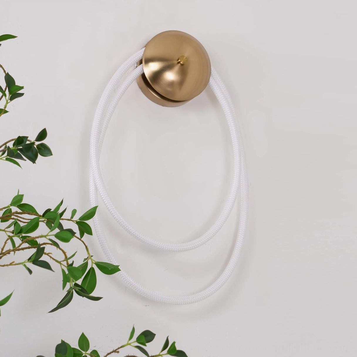 Rigel double-loop rope wall lamp unlit front view with nested oval design and brushed brass base