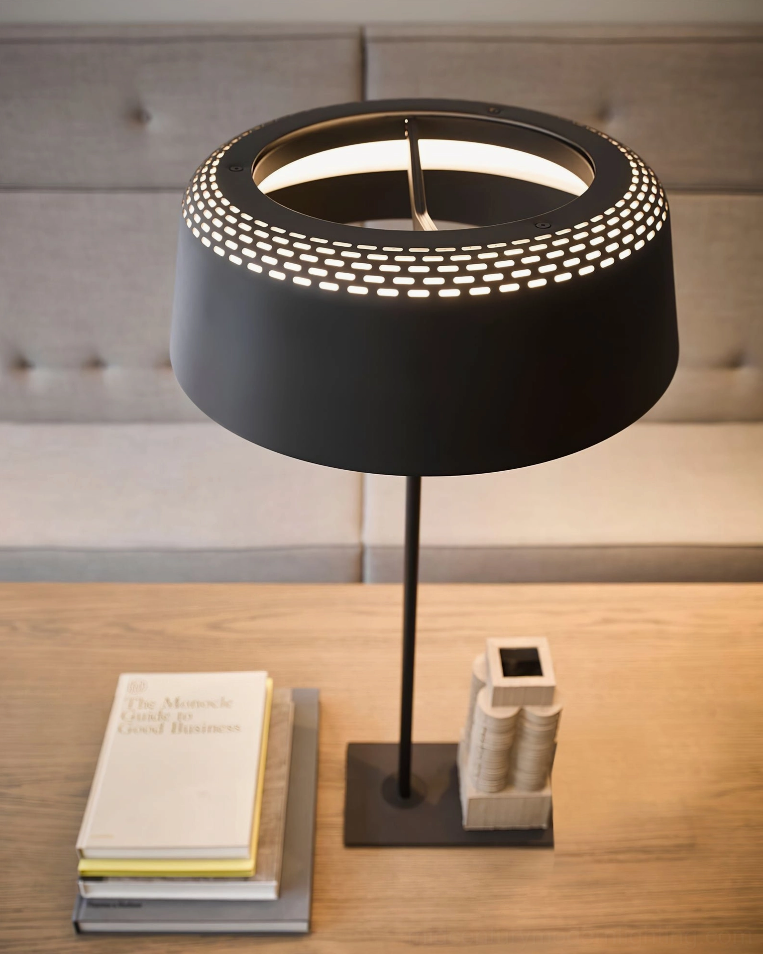 Ring T1 black metal perforated shade lamp close-up detail view showing design craftsmanship