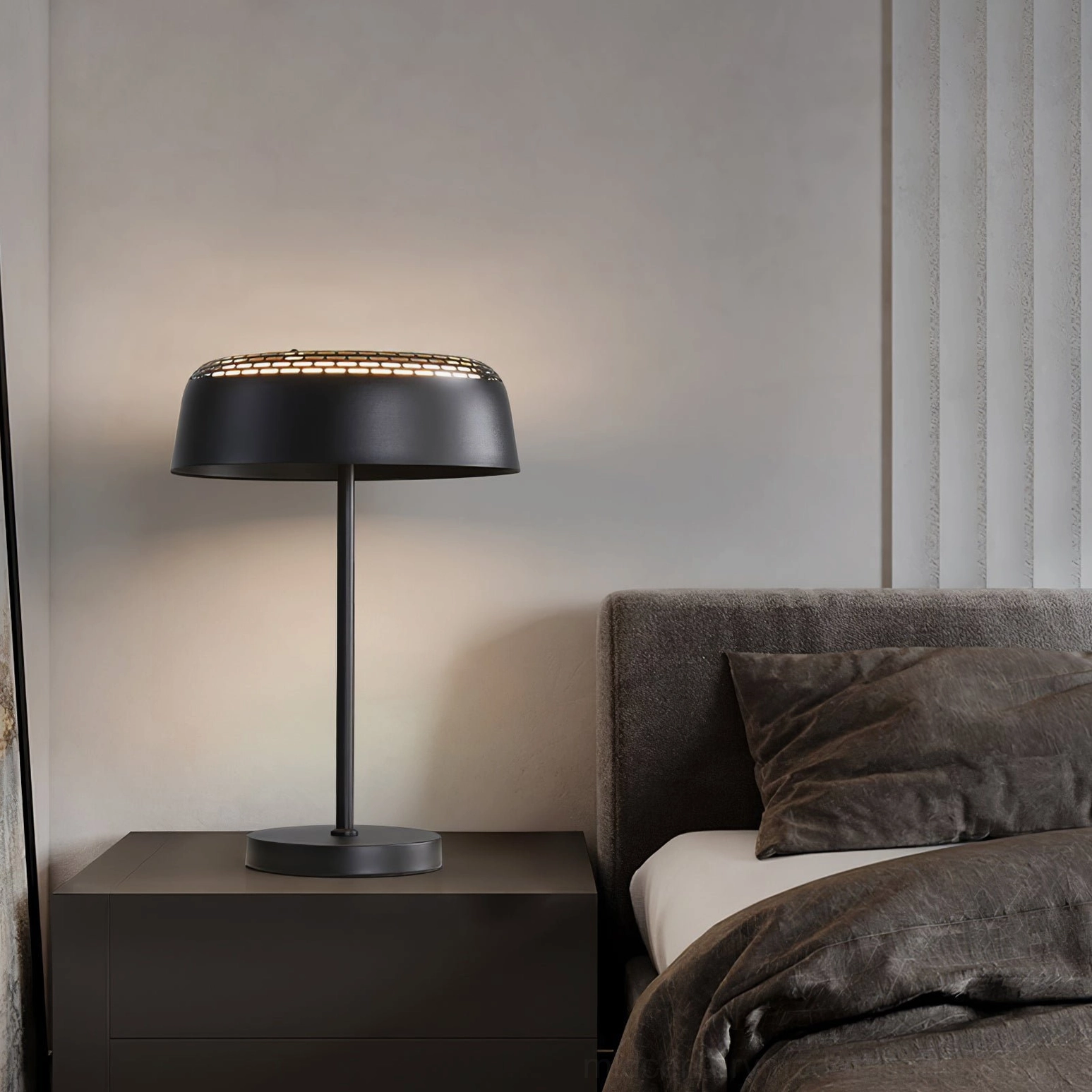 Ring T1 LED table lamp in dark bedroom setting coordinating with grey bedding palette