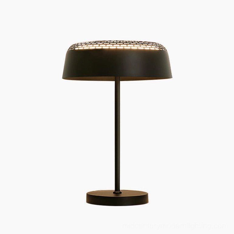 Ring T1 black metal table lamp with matte finish and perforated circular shade detail