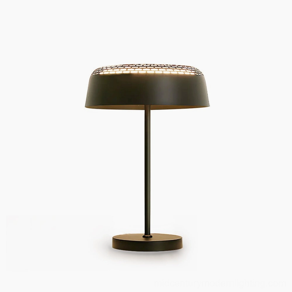 Ring T1 minimalist table lamp with perforated metal ring shade in matte black, studio frontal view
