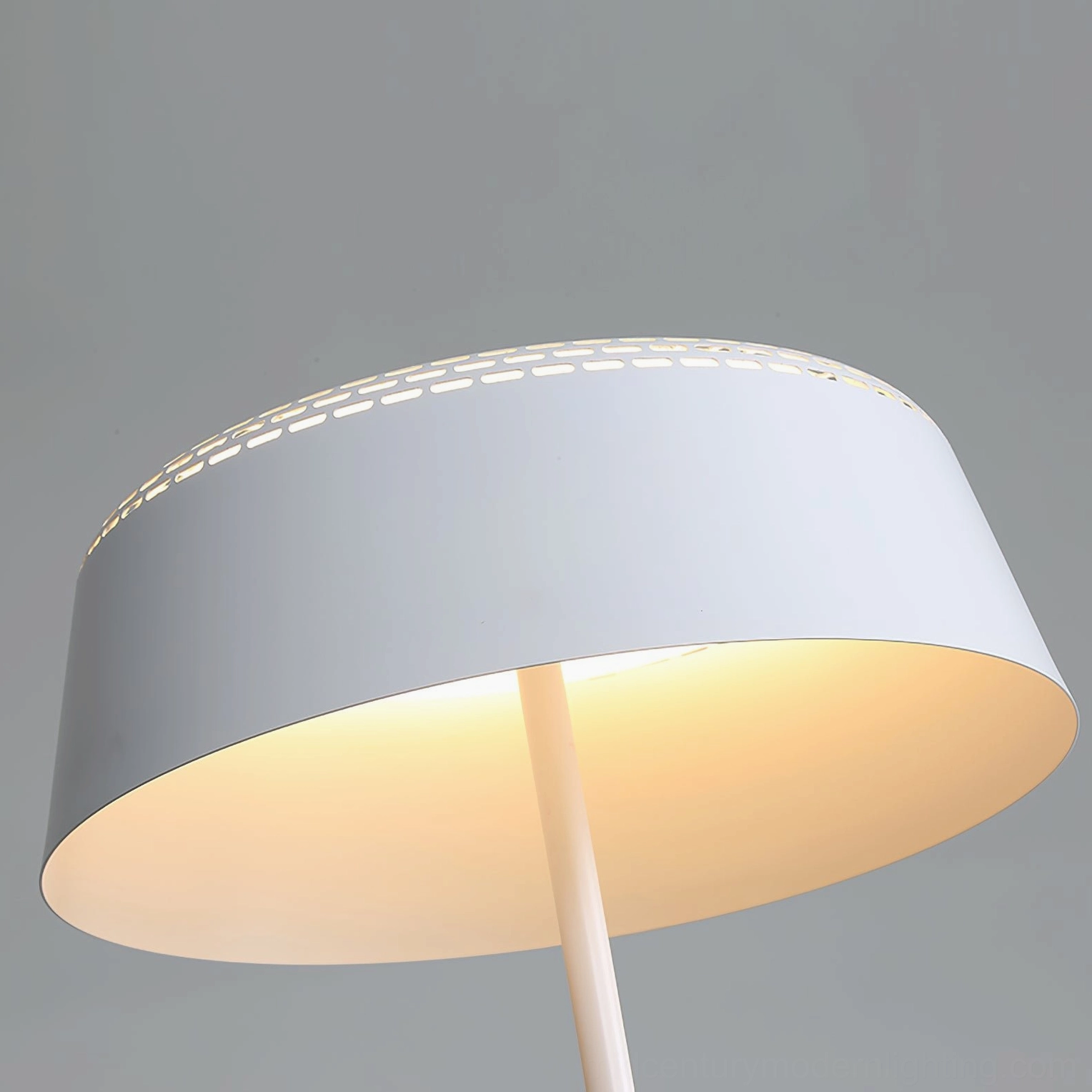 Ring T1 white minimalist table lamp on bedroom side table with stacked books styling