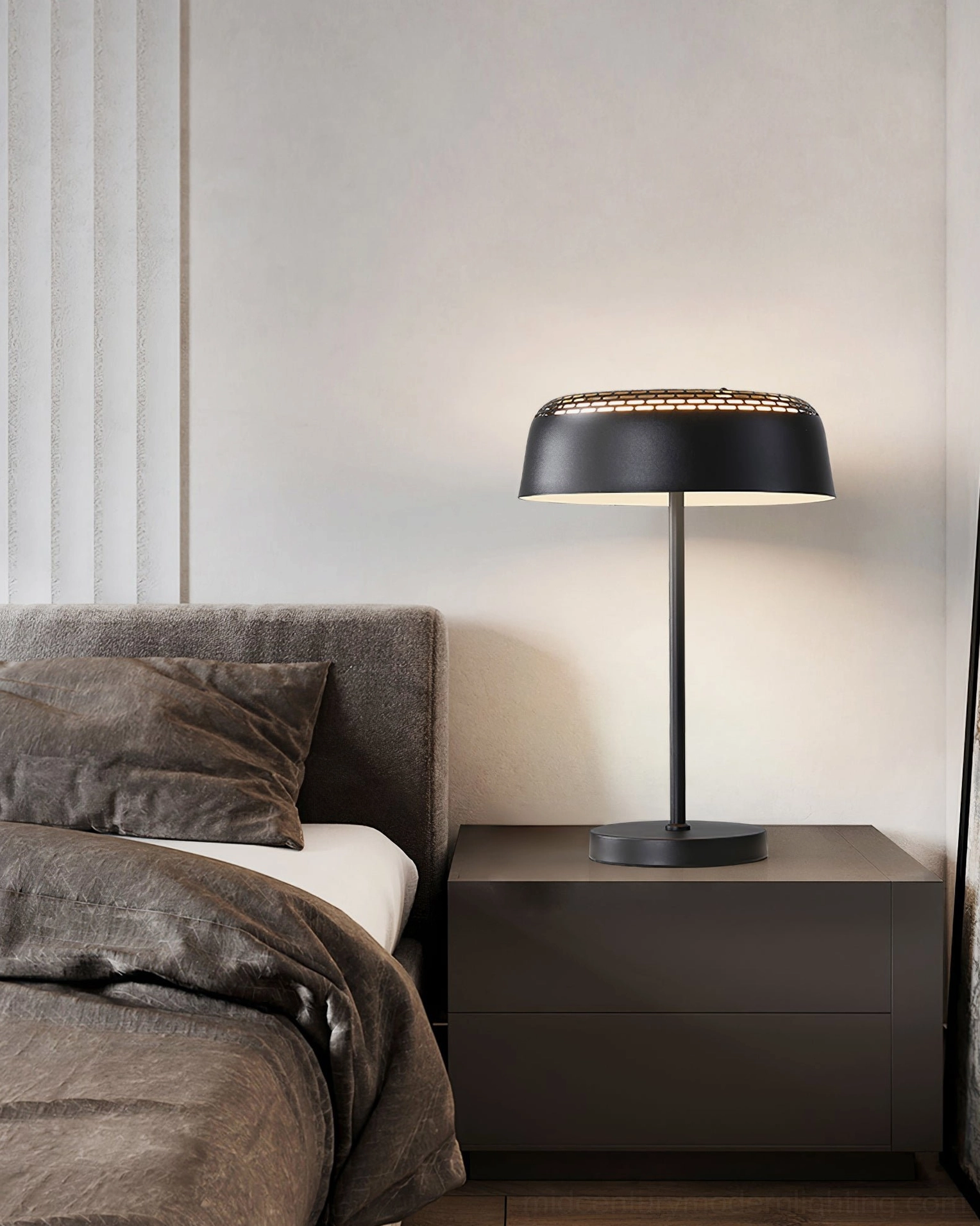 Ring T1 white perforated metal shade lamp with warm ambient lighting in home setting