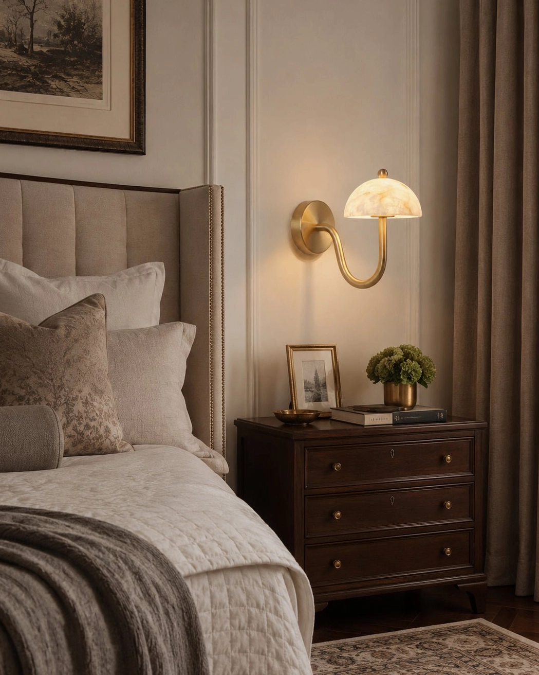 Ripple alabaster bedside reading light installed beside upholstered bed frame