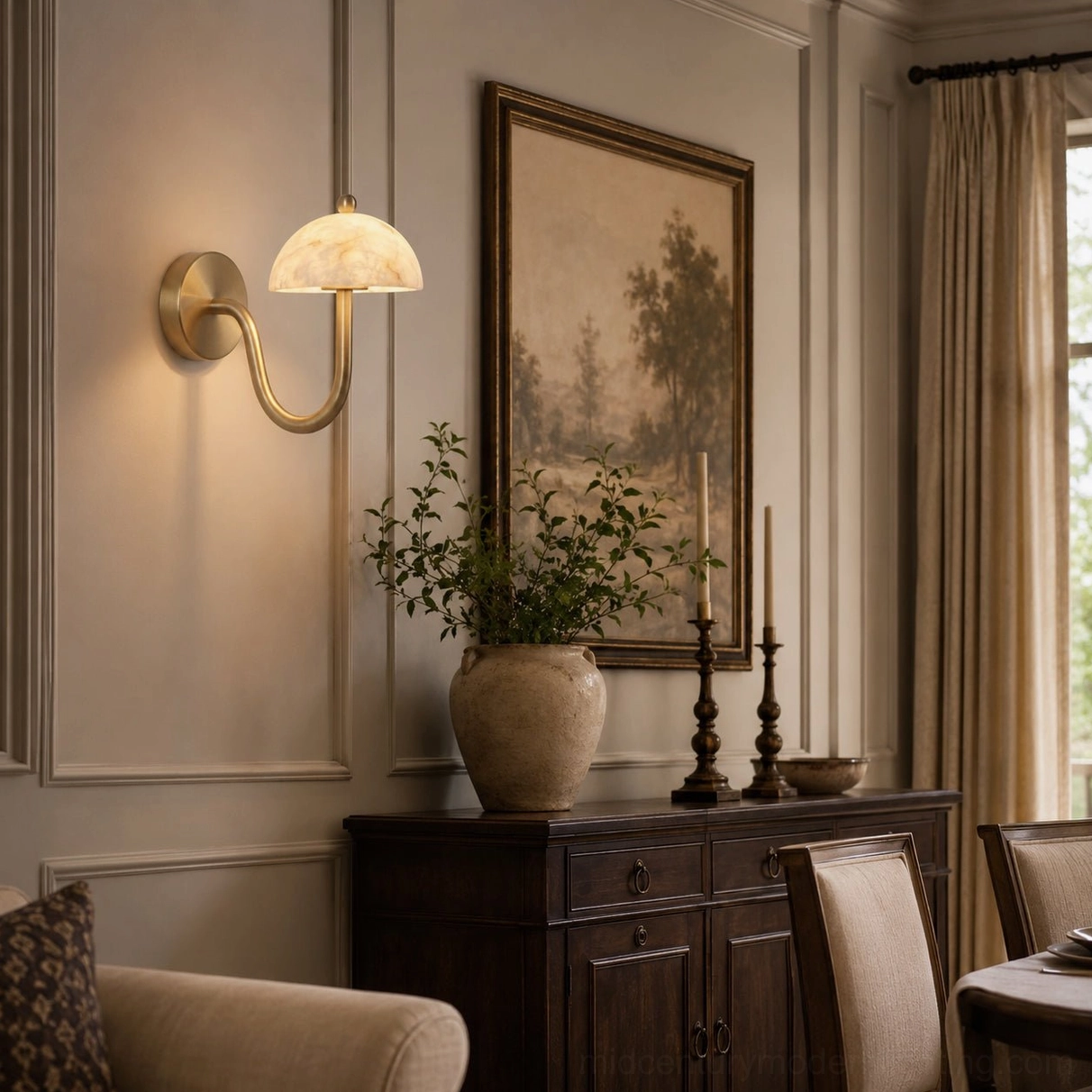 Ripple alabaster sconce in formal dining room coordinating with wooden sideboard furniture