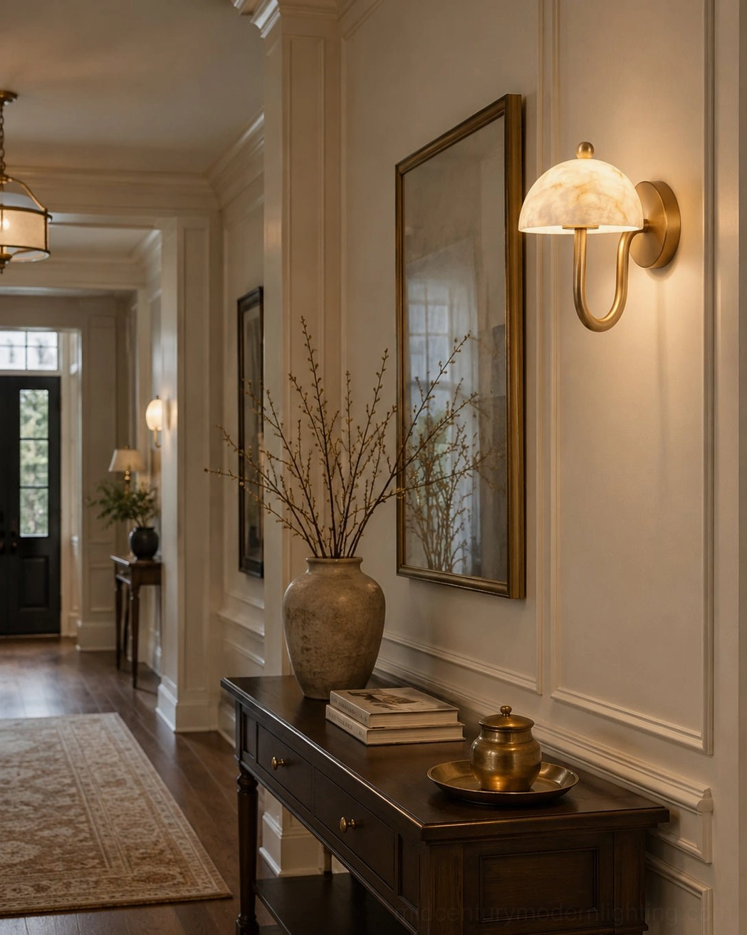 Ripple wall sconce in hallway paired with decorative mirror and dried floral arrangement