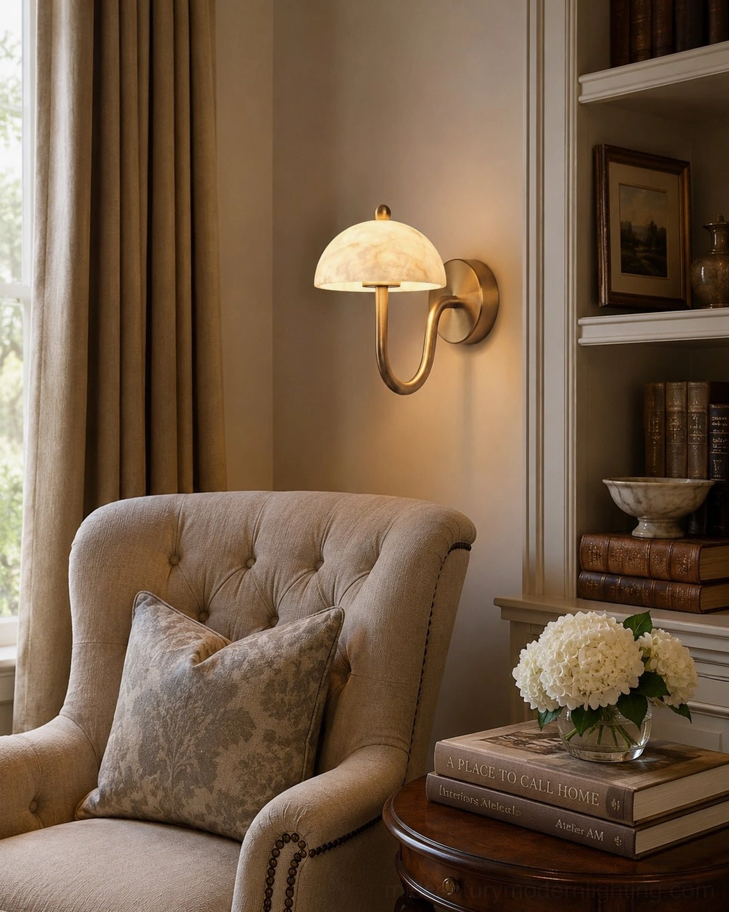 Ripple sconce providing task lighting in cozy reading corner beside tufted armchair