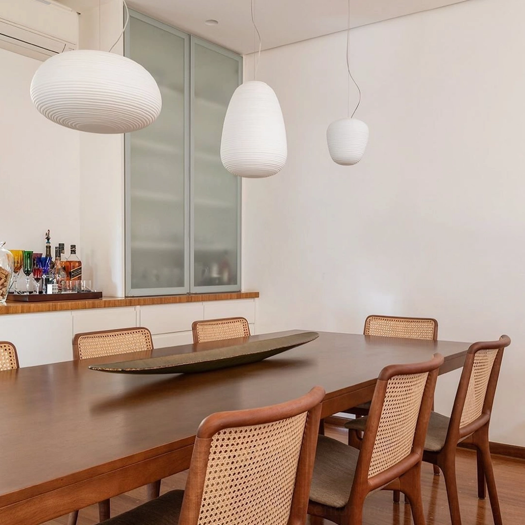 Rituals pendant lights matching pair white frosted modern dining room warm neutral decor
