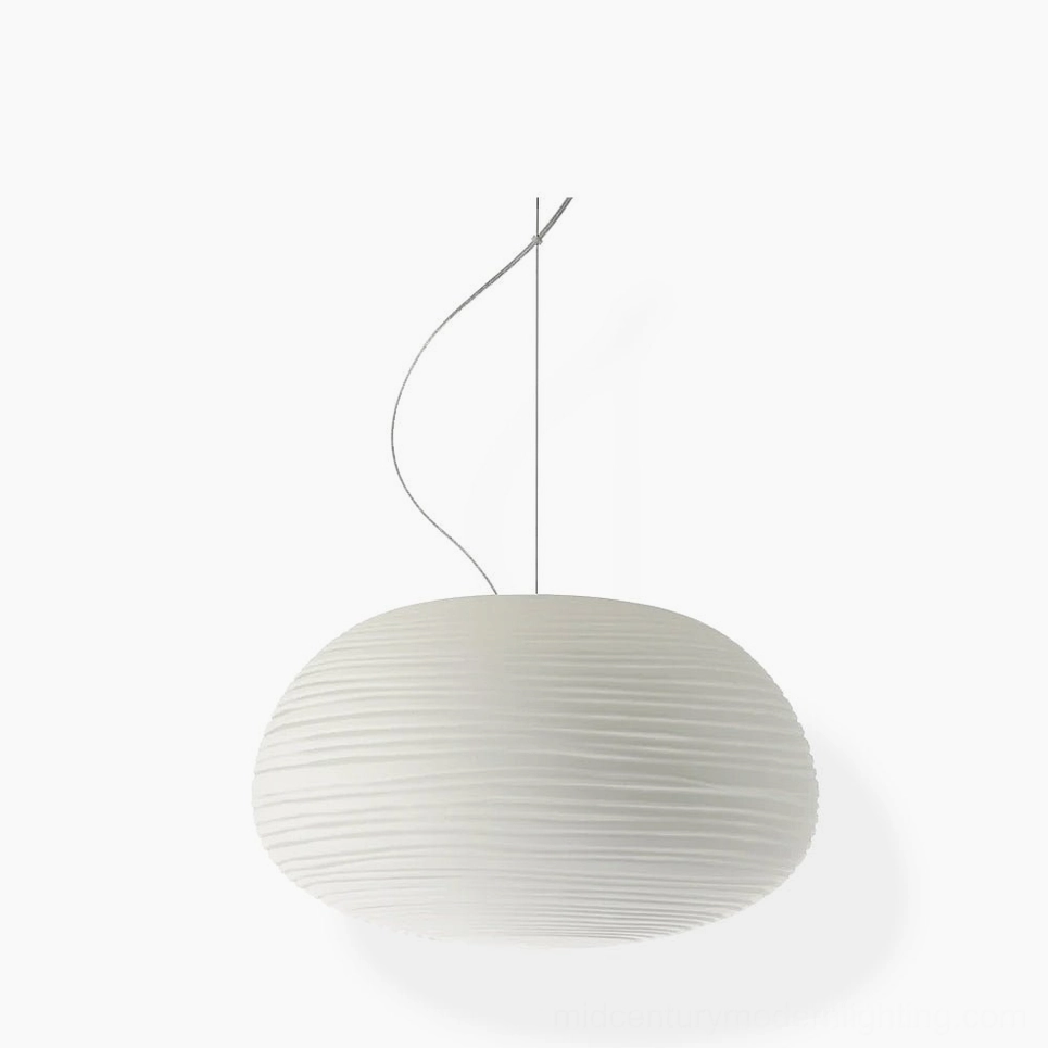 Rituals pendant light small frosted white glass with horizontal ribbed texture front studio view