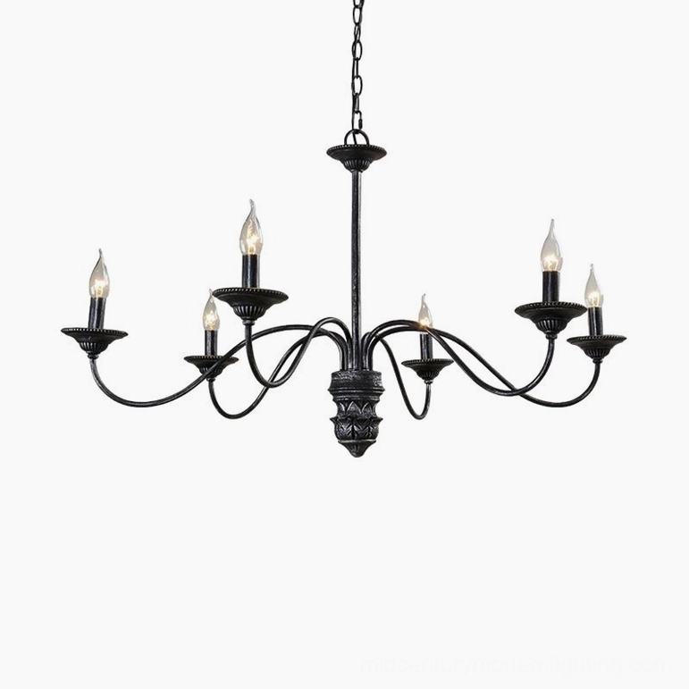 Rohan 6-light black chandelier complete view emphasizing mid-century modern proportions and farmhouse aesthetic