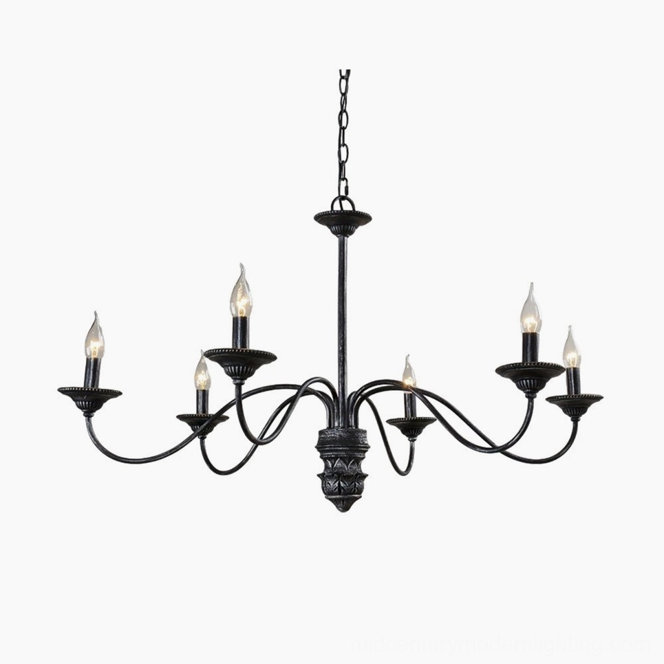 Rohan 8-light black distressed farmhouse chandelier frontal view with curved wrought iron arms and carved central base