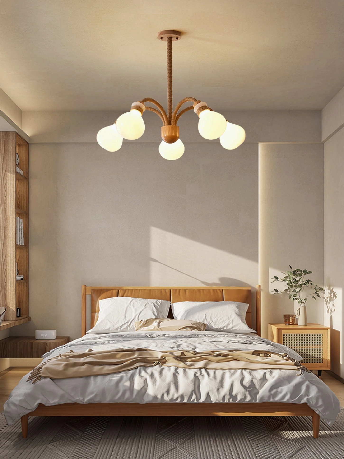 Illuminated wooden rope chandelier in contemporary interior showing warm glow and ambient lighting effect