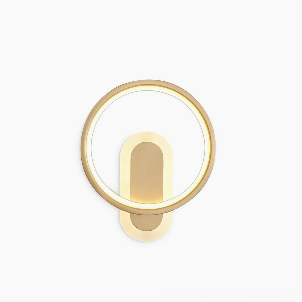 Round brass LED wall lamp modern minimalist design front view product photography