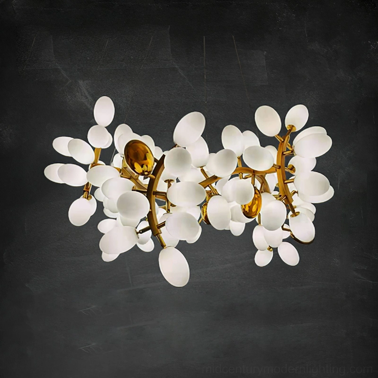 Round grape vine bunch chandelier showing 120 heads configuration with brass finish and frosted glass shades