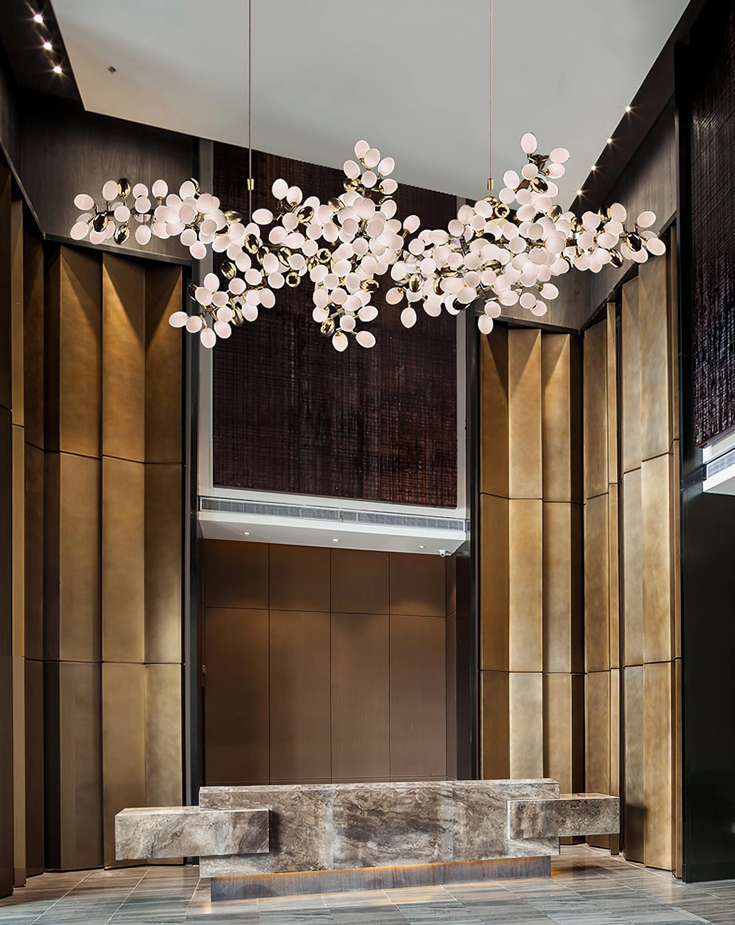 132 heads round grape vine chandelier with frosted glass orbs and golden metal vine framework