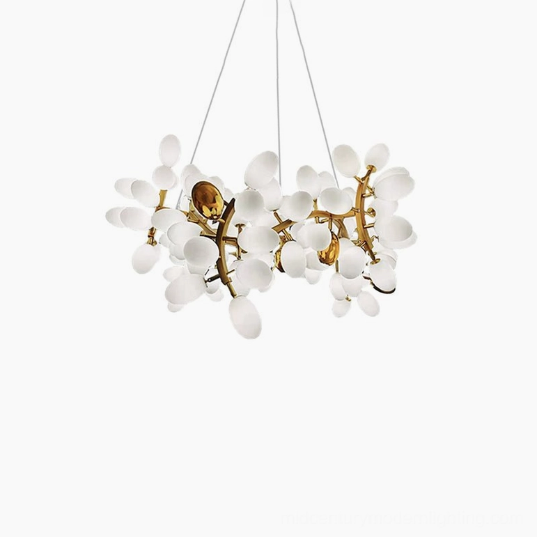 132 heads round grape vine chandelier mid-size option with frosted white glass orbs