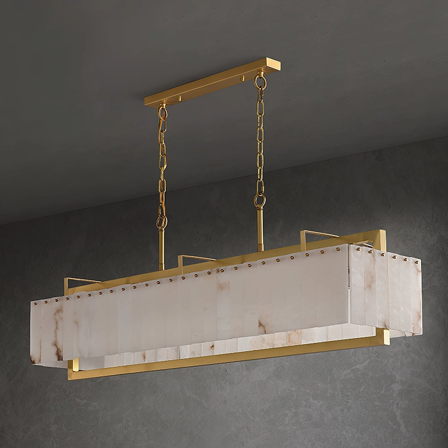 Ruben Alabaster Chandelier architectural detail shot - brass frame and alabaster panel construction
