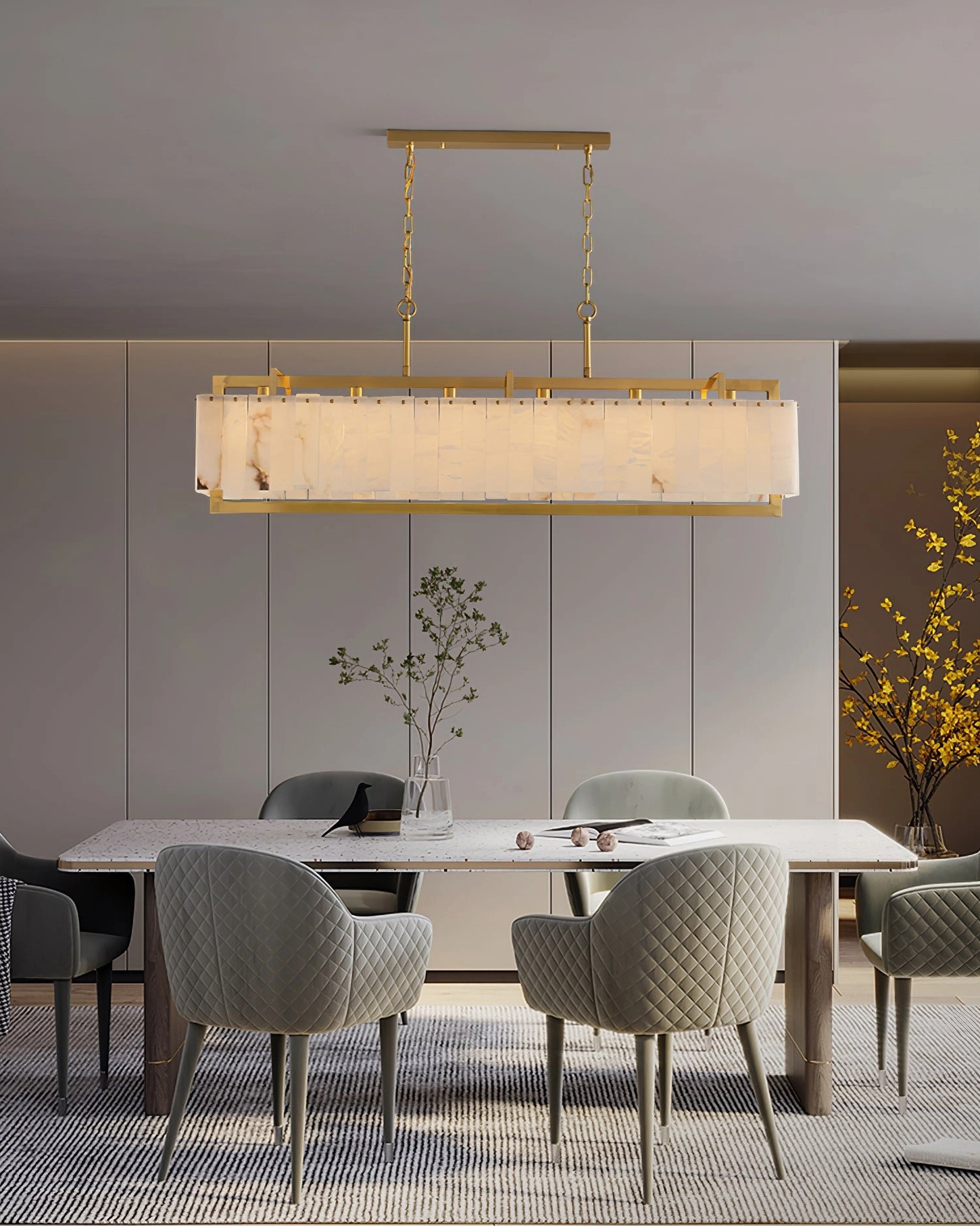 Contemporary dining room featuring Ruben Alabaster Chandelier in understated elegant modern setting