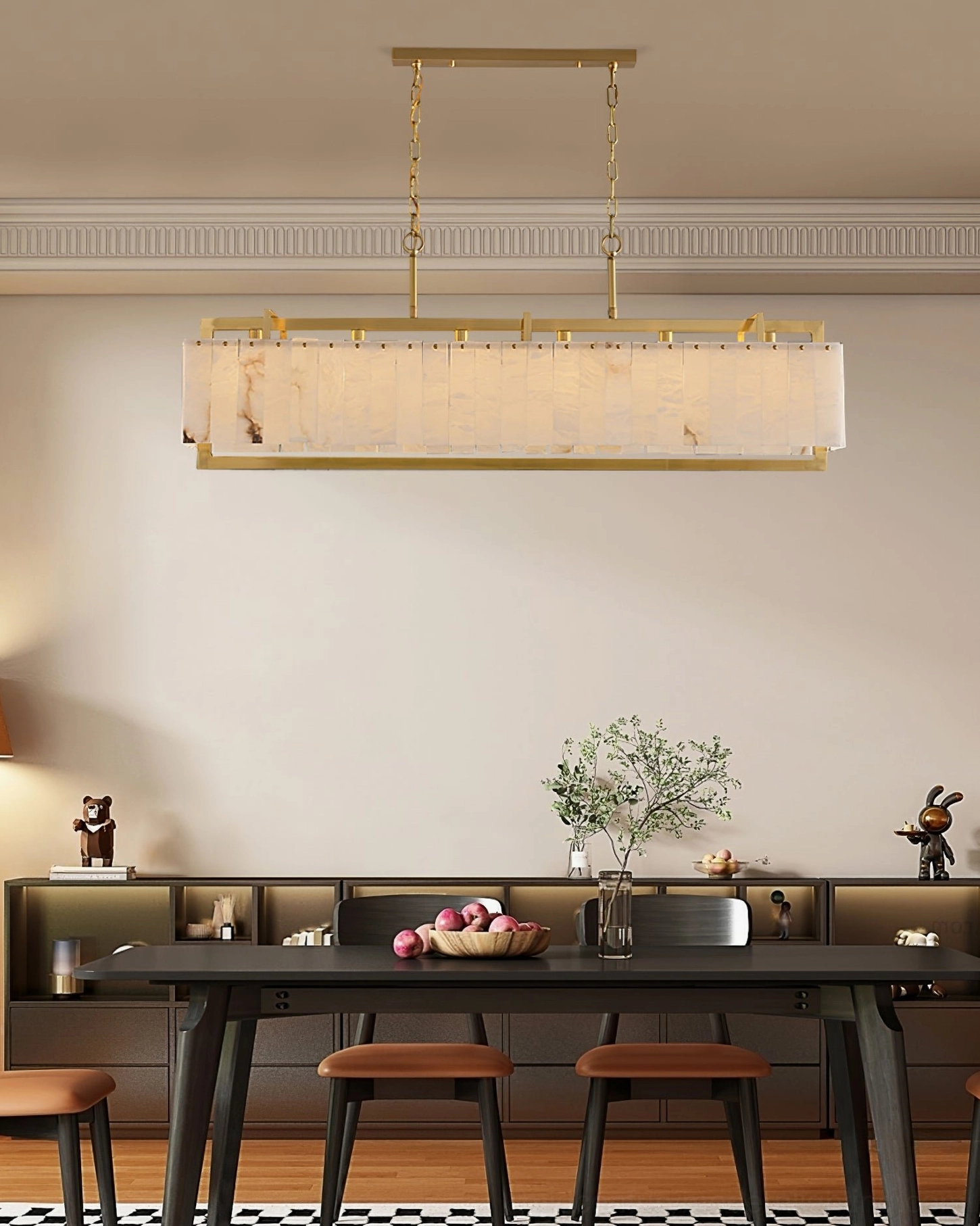 Formal dining room with Ruben Alabaster Chandelier above dark wood dining set - sophisticated luxury lighting