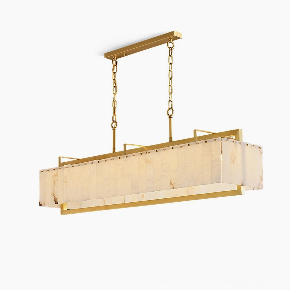 Ruben Alabaster Chandelier front studio view - rectangular brass and alabaster mid-century modern lighting fixture