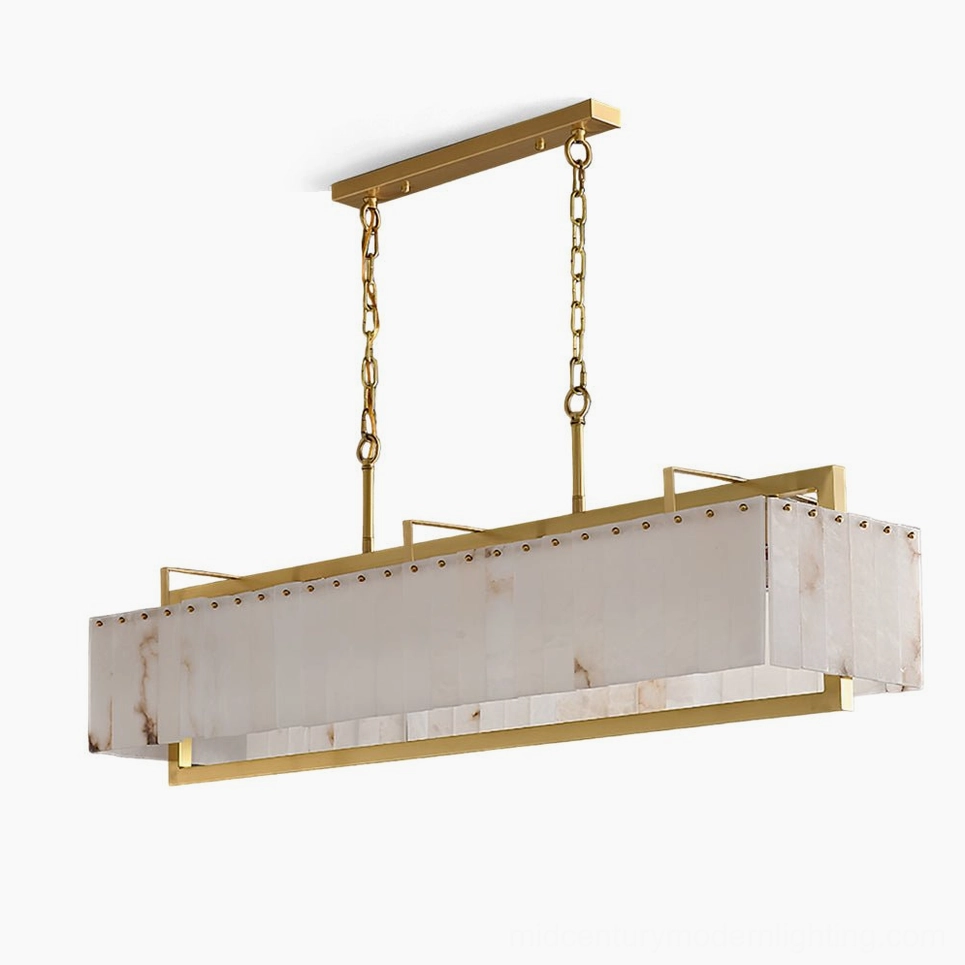 Ruben Alabaster rectangular chandelier illuminated - warm light diffusing through translucent alabaster panels