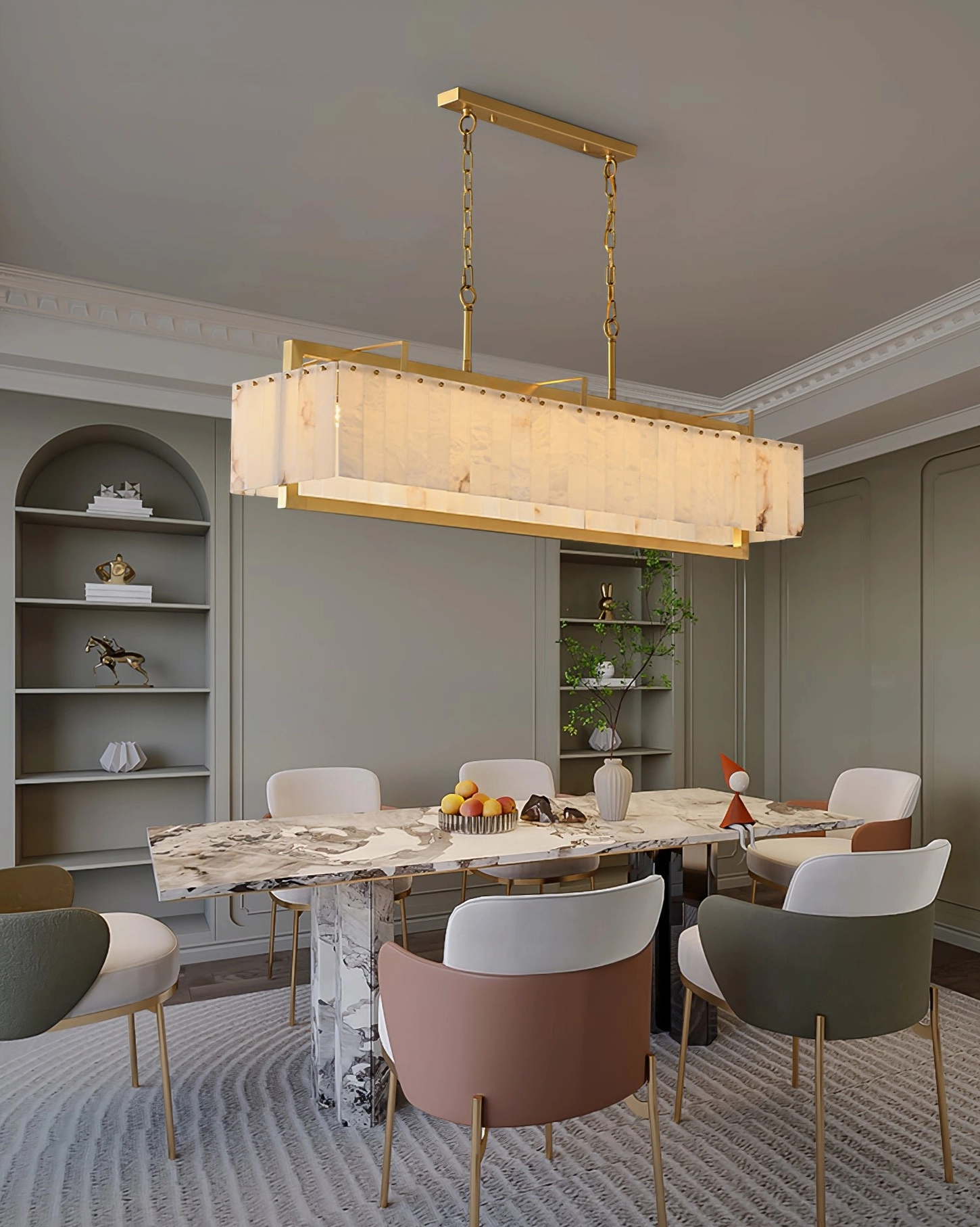 Spacious luxury dining room with Ruben Alabaster Chandelier above mixed-color dining chairs - modern classic style