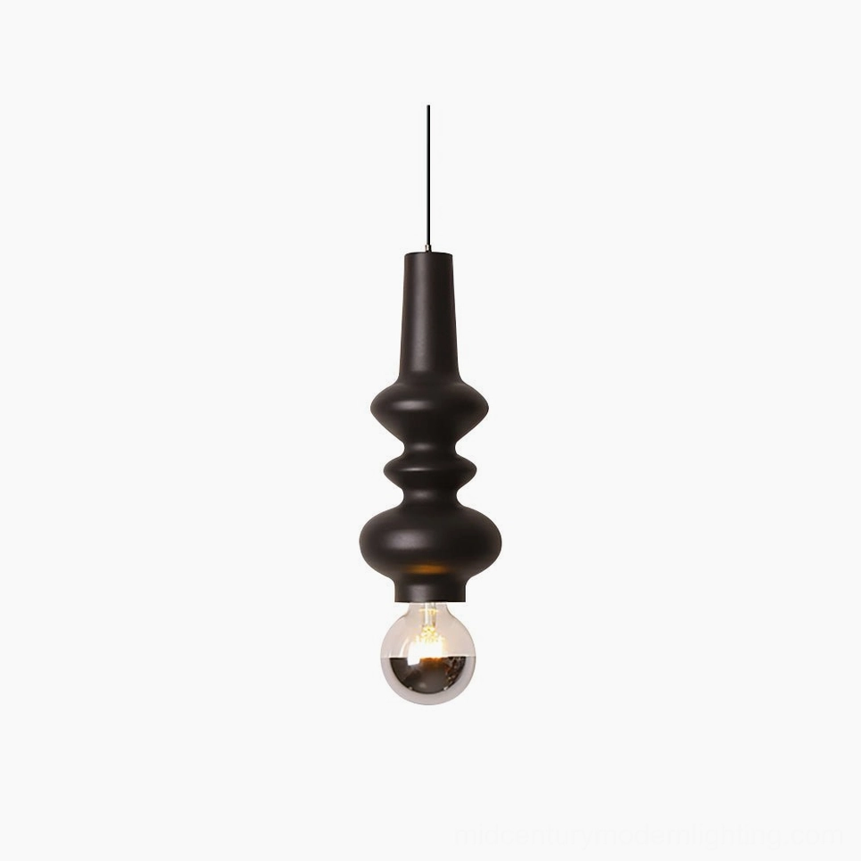 Rudd matte black cylindrical pendant light with stacked cylinder design and exposed bulb, front studio view