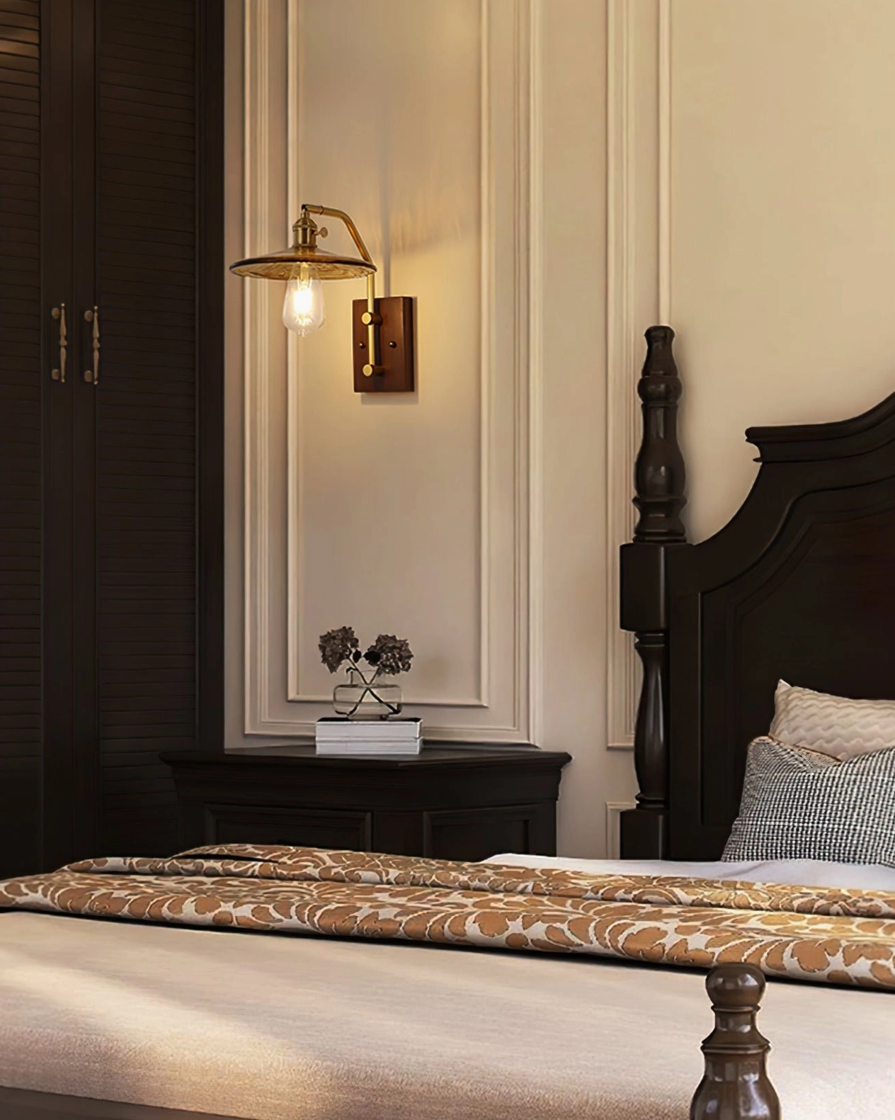 Runia bedroom wall sconce in traditional vintage room setting with matching dark wood furniture aesthetic