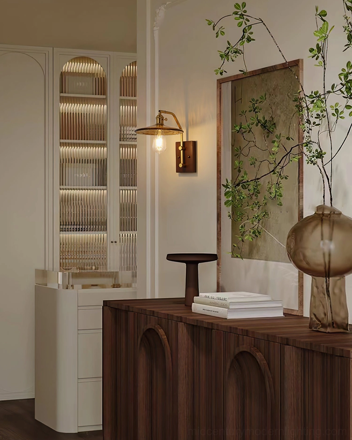 Runia wall lamp architectural detail showing premium brass hardware, natural wood grain, and amber glass integration