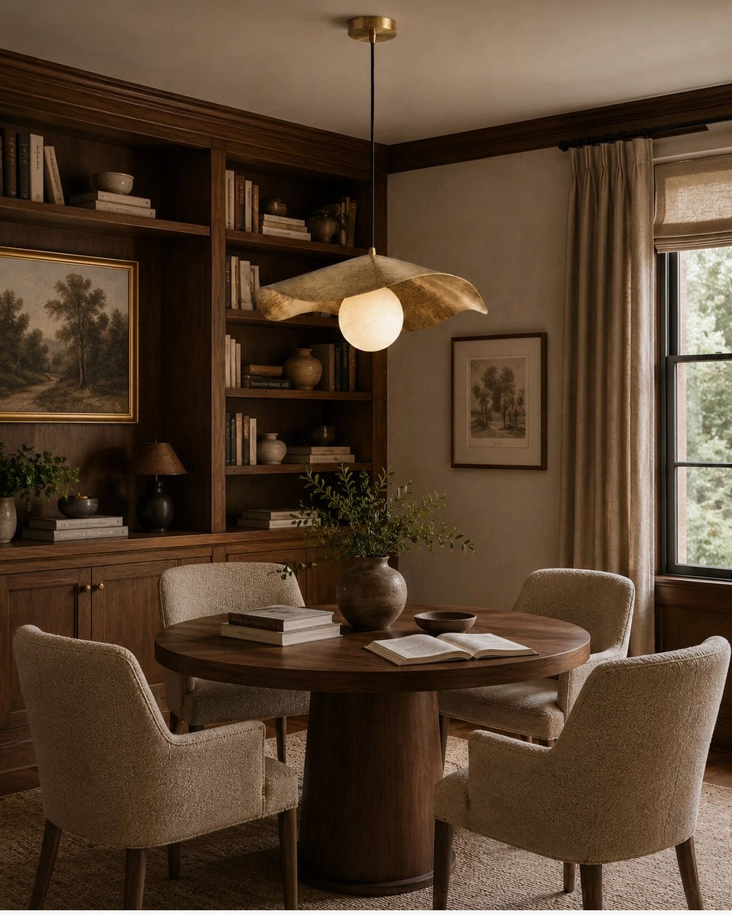 Wabi-sabi inspired alabaster pendant in classic wood-paneled traditional farmhouse dining room interior design