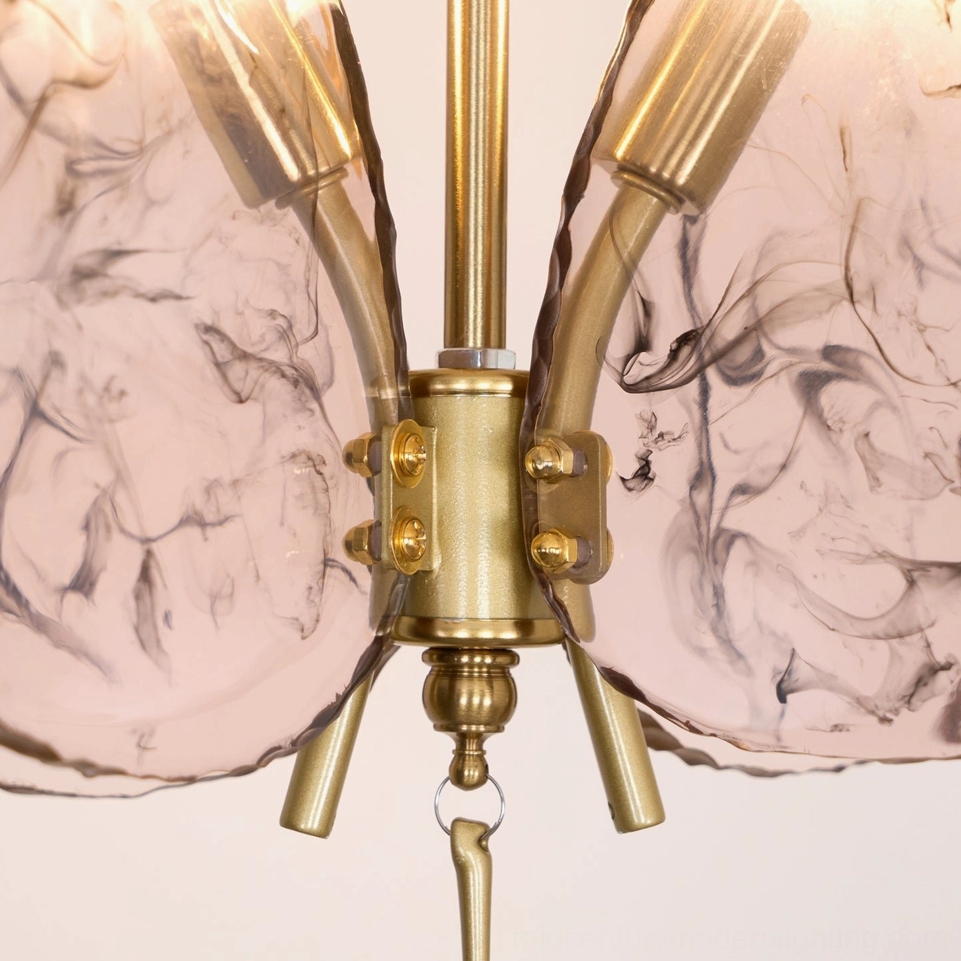 Complete Sabrina butterfly pendant lamp in pink finish showing full sculptural form and brass hardware assembly