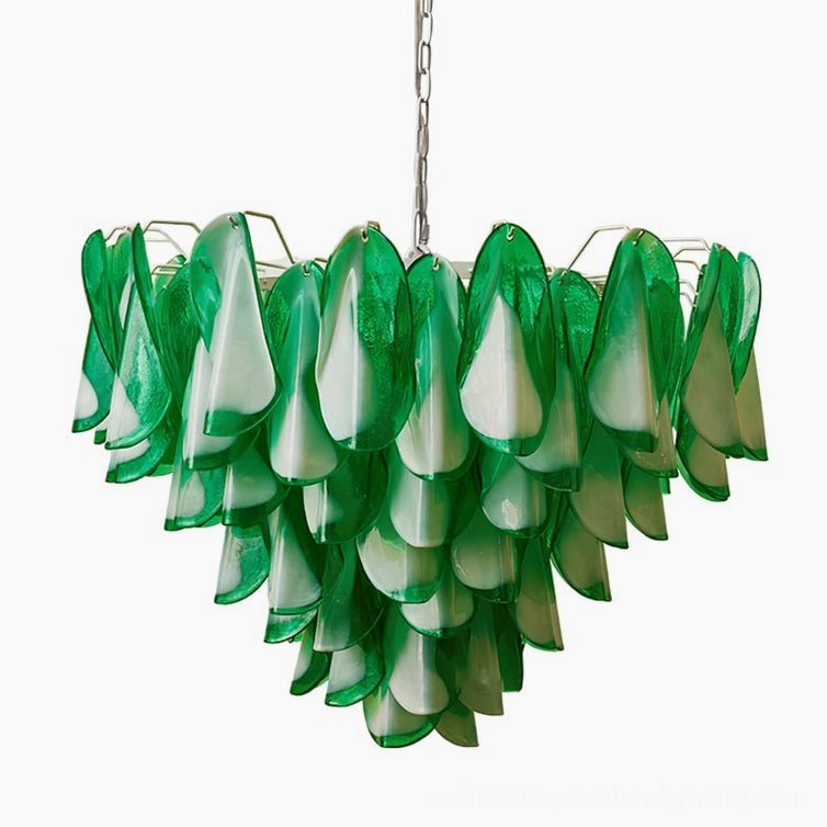 Saddle Green tiered glass chandelier front view on white background, mid-century modern design with symmetrical petal arrangement