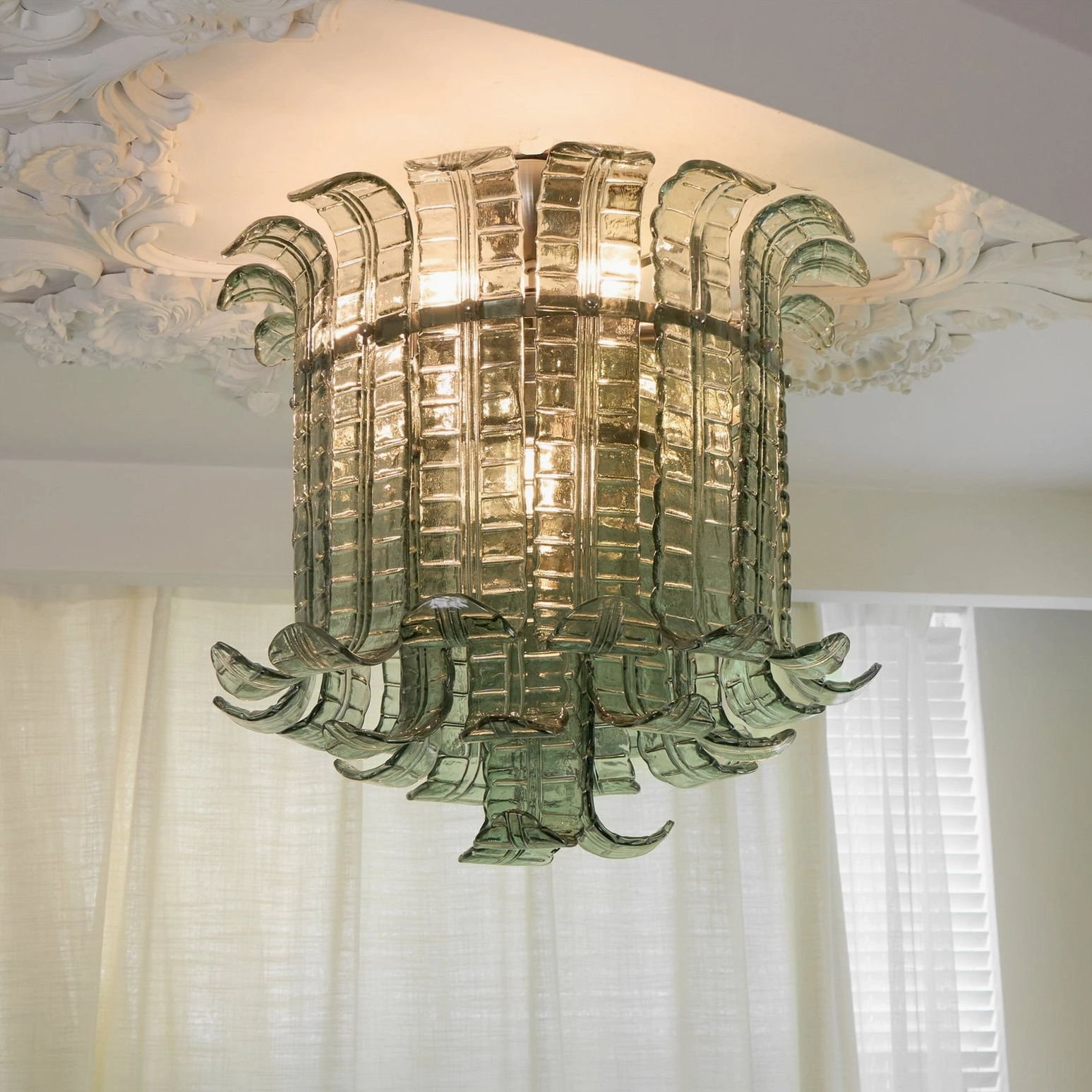 Sage green glass ceiling lamp full view, leaf-like glass panels, brushed nickel hardware, mid-century modern fixture