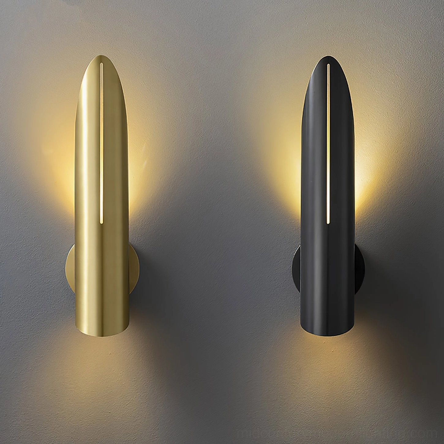 Salvatore brass and black wall sconces pair on grey wall with warm ambient glow mid-century modern
